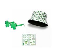 St Patrick’s Day Hat Set - Reversible White Shamrock Bucket Hat with Green Clover Glasses and Stickers - Reusable Irish Festival Costume Accessories for Men and Women