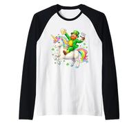 St Patrick’s Day Leprechaun Riding Unicorn Rainbow Clover Raglan Baseball Tee