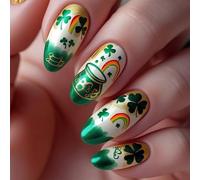 St Patrick’s Day Press on Nails Medium Almond Fake Nails with Clover End of The Rainbow Green Jar Gold Accent Designs Spring Reusable Stick on False Nail for Women 24 Pcs WYFHDT