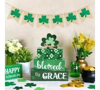 St Patrick’s Day Wooden Tabletop Decor, Blessed by Grace Stacked Wood Block Sign with Shamrock, Green Irish Decor for Tiered Tray, Mantel, Kitchen, Dining Table, Office & St Patrick’s Day Party