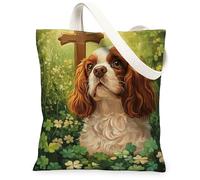 St Patricks Cavalier King Charles Spaniel Canvas Tote Bag for Shopping 13 * 15, Cross Clover Reusable Grocery Shoulder Cloth Bag for Women, Dog Painting Gift Decoration