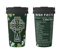 St Patricks Day 17oz Insulated Coffee Mug with Flip Lid Handle Irish Fact Celtic Cross Stainless Steel Insulated Travel Tumbler Spill Proof Saint Paddy's Day Gifts for Irish Women Men Family Friends