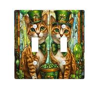 St.Patrick's Day Abyssinian Cat Decorative Light Switch Cover Plate 2 Gang Double Toggle, Stained Glass Kitten Electrical Switchplate, Shamrock Pet Electrical Faceplate for Bedroom Room