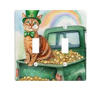 St.Patrick's Day Abyssinian Cat Decorative Light Switch Cover Wall Plate 2 Gang Double Toggle, Farmhouse Truck Kitten Electrical Switchplate, Rainbow Electrical Faceplate for Bedroom