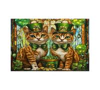St.Patrick's Day Abyssinian Cat Jigsaw Puzzles for Adults 1000 Piece, Stained Glass Kitten Wooden Puzzles, Shamrock Pet Pattern Decorations for Home Entertainment