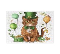 St.Patrick's Day Abyssinian Cat Jigsaw Puzzles for Adults 300 Piece, Fun Cute Kitten Wooden Puzzles, Shamrock Pet Pattern Decor for Home Entertainment