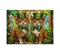 St.Patrick's Day Abyssinian Cat Jigsaw Puzzles for Adults 500 Piece, Stained Glass Kitten Wooden Puzzles, Shamrock Pet Pattern Decorations for Home Entertainment