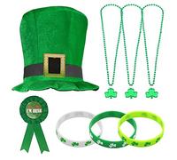 St. Patrick's Day Accessories Decoration,Green Leprechaun Top Hat with Clover Long Necklace Irish Badge Pin and 3 Clover Bracelet for St.Patrick's Day Parade and Celebration Woman Man Party Favors