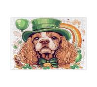 St.Patrick's Day American Cocker Spaniel Dog Jigsaw Puzzles for Adults 300 Piece, Fun Cute Puppy Wooden Puzzles, Clover Pet Pattern Decor for Home Entertainment