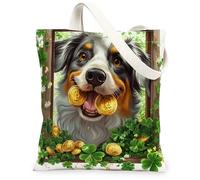 St Patricks Day Australian Shepherd Dog Canvas Tote Bag for Shopping 13 * 15, Fun Gold Coins Reusable Grocery Shoulder Cloth Bag for Women, Pet Painting Gift Decoration