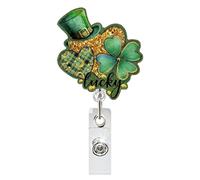 St Patricks Day Badge Reel Glitter Green Badge Holder Retractable Clip Lucky Clover Heart Design Name Badge Holders Irish St Patrick's Day Badge Reels for Doctor Nurse Teacher Holiday Decorations