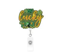 St. Patrick's Day Badge Reel Green Clover Badge Reels with Lucky Pattern Design Scalable ID Badge Holder Reusable Nurse Badge Reel for Nursing Student Doctor Teacher Office Workers 1 Pcs