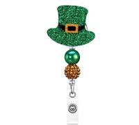 St Patrick's Day Badge Reel Green Glitter Hat Badge Holder Cute Green Gold Beads Acrylic ID Name Tag Retractable Alligator Badge Clip Irish ID Card Accessories for Nurse Nursing Student Workers