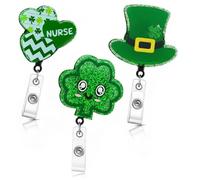 St Patricks Day Badge Reel Retractable St Patricks Day Decorations 3 PCS Nurse Badge Holder with Alligator Clip Shamrock Heart Glitter Nursing Badge Reel Suitable for st Patricks Day Accessories