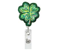 St. Patrick's Day Badge Reels Cute Four-Leaf Clover Lucky Retractable Badge Holder Shiny Laser Green Shamrock ID Badge Clip with Alligator Clip Irish Acrylic Name Tag Clip for Nurses Nursing Teachers