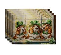 St.Patrick's Day Basset Hound Dog Placemats Set of 4, 12x18 Inch, Window Fun Puppy 4Pcs Soft Table Mats for Home Dinning, Shamrock Pet Holiday Party Kitchen Print Pattern Decor