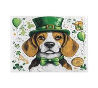 St.Patrick's Day Beagle Dog Jigsaw Puzzles for Adults 500 Piece, Fun Cute Puppy Wooden Puzzles, Shamrock Pet Pattern Decor for Home Entertainment