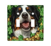 St.Patrick's Day Bernese Mountain Dog Decorative Light Switch Cover Wall Plate 2 Gang Double Toggle, Shamrock Puppy Electrical Switchplate for Room, Clover Pet Switchcover Switchplate