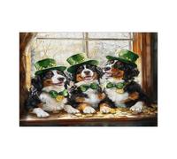 St.Patrick's Day Bernese Mountain Dog Jigsaw Puzzles for Adults 300 Piece, Window Fun Puppy Wooden Puzzles, Shamrock Pet Printed Decor for Entertainment Creative