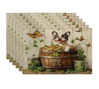 St.Patrick's Day Boston Terrier Dog Placemats Set of 6, 12x18 Inch, Rustic Fun Puppy 6Pcs Table Mats for Dinning, Farmhouse Pet Pattern Holiday Home Kitchen Decor
