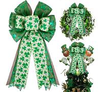 St Patricks Day Bow for Wreath Decorations,St Patricks Day Tree Topper Bows,Large Burlap White Green Glitter Shamrock Bowknot Irish Holiday Crafts Bows for Front Door Outdoor Outside
