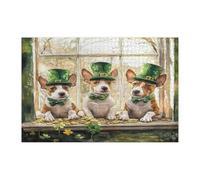 St.Patrick's Day Bull Terrier Dog Jigsaw Puzzles for Adults 1000 Piece, Window Fun Puppy Wooden Puzzles, Shamrock Pet Printed Decor for Entertainment Creative