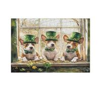St.Patrick's Day Bull Terrier Dog Jigsaw Puzzles for Adults 300 Piece, Window Fun Puppy Wooden Puzzles, Shamrock Pet Printed Decor for Entertainment Creative