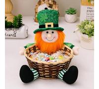 St. Patricks Day Candy Basket Hand Woven Sweet Bowls with Green Plush Elf Cute Shamrock Gnome Snack Holder Dish Farmhouse Table Decor (Light Green, 20cm)