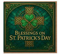 St Patrick's Day Card - Blessings on St Patrick’s Day, Celtic Cross and Shamrock Irish Knotwork Design, Green Greeting for Friends and Family