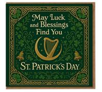 St Patrick's Day Card - May Luck and Blessings Find You - Celtic Shamrock and Harp Irish Design, Green and Gold Good Wishes Greeting