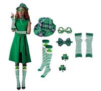 St Patrick's Day Costume Green Plaid Hat Bow Tie Wrist Cuffs Socks Irish Earrings Six Piece Set Saint Patricks Day Six Piece Costume(Green, One Size)