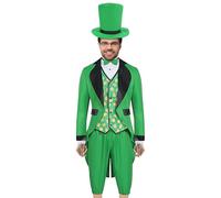 St Patricks Day Costume, Men Leprechaun Outfit Suit, Classic Green Adult Costume with Hat Beard Buckle Accessories, 1 Set Party Wear for Birthday Celebrations Stage Shows Cosplay