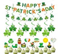 St Patricks Day Decorations, 3pcs Preassembled St Patrick's Shamrock Banner, 8pcs Hanging Swirls 12pcs Cupcake Toppers for Irish Party Decoration