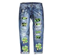 St Patricks Day Denim Jeans with Shamrock Print, Women's St Patricks Day Outfits Women's Ripped Boyfriend Jeans Distressed Washed Shamrock Patch Print Denim Trousers High Waisted Stretch Fit Trousers
