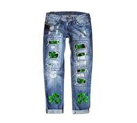 St Patricks Day Denim Jeans with Shamrock Print, Women's St Patricks Day Outfits Women's Ripped Boyfriend Jeans Distressed Washed Shamrock Patch Print Denim Trousers High Waisted Stretch Fit Trousers