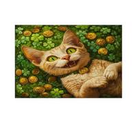 St.Patrick's Day Devon Rex Cat Jigsaw Puzzles for Adults 300 Piece, Shamrock Kitten Wooden Printed Puzzles, Clover Pet Pattern Decorations for Entertainment Party