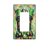 St.Patrick's Day Doberman Dog Decorative Light Switch Cover Plate 1 Gang Single Rocker, Stained Glass Puppy Electrical Switchplate, Shamrock Pet Electrical Faceplate for Bedroom Room