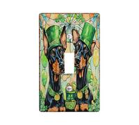 St.Patrick's Day Doberman Dog Decorative Light Switch Cover Plate 1 Gang Single Toggle, Stained Glass Puppy Electrical Switchplate, Shamrock Pet Electrical Faceplate for Bedroom Room