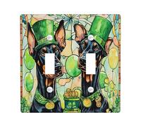 St.Patrick's Day Doberman Dog Decorative Light Switch Cover Plate 2 Gang Double Toggle, Stained Glass Puppy Electrical Switchplate, Shamrock Pet Electrical Faceplate for Bedroom Room