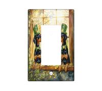 St.Patrick's Day Doberman Dog Decorative Light Switch Cover Wall Plate 1 Gang Single Rocker, Window Fun Puppy Electrical Switchplate, Shamrock Pet Print Electrical Faceplate