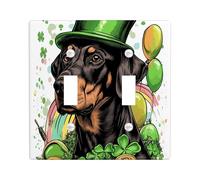 St.Patrick's Day Doberman Dog Decorative Light Switch Cover Wall Plate 2 Gang Double Toggle, Fun Cute Puppy Electrical Switchplate, Shamrock Pet Print Electrical Faceplate for Room