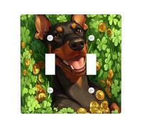 St.Patrick's Day Doberman Dog Decorative Light Switch Cover Wall Plate 2 Gang Double Toggle, Shamrock Puppy Electrical Switchplate for Room, Clover Pet Switchcover Switchplate