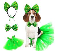 St. Patrick's Day Dog Costume 3 Pack Puppy Tutu Skirt Shamrock Headband Bow Tie Collar Green Dress for Medium Large Pet Saint Patty's Irish Clothe Leprechaun Outfit Accessories Party Supplies