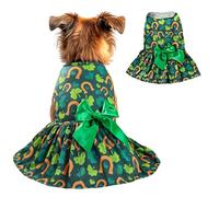 St. Patrick's Day Dog Dress L, Green Clover and Horseshoe Print with Satin Bow, Pet Dress for 11-13 lbs Dogs and Cats, Festive Holiday Clothing
