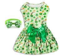 St. Patrick's Day Dog Dress with Bow Tie Festive Clover and Rainbow Design for Small and Medium Dogs