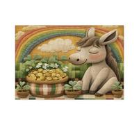 St.Patrick's Day Donkey Jigsaw Puzzles for Adults 300 Piece, Knitting Fun Animal Wooden Printed Puzzles, Country Rainbow Pattern Decor for Home Entertainment