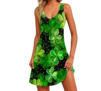 St Patricks Day Dress Irish Dancing Dress Sleeveless Green Four Leaf Printed Tank Dresses with V-Neck Lucky ShamrockDress A Line Skirt Cocktail Dresses Irish Festival Skirt Ball Gown