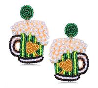 St Patricks Day Earrings Dangling Beaded Green Shamrock Earrings Handmade Lucky Clover Beer Glass Leprechaun Teardrop Drop Dangle Earrings Funny Irish Holiday Jewelry Gift for Women