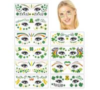 St Patrick's Day Face Stickers,10 pcs Saint Patricks Temporary Tattoos Kit Irish Party Accessories for Women Men Kids Paddys Day Face Paint Gems & Leprechaun Makeup Stencils Green