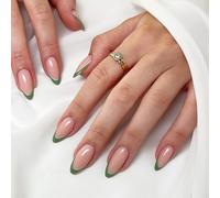 St Patricks Day False Nails, Green Press on Nails Almond, French Short Nails Acrylic Glue on Nails, Long Lasting Removable Full Cover Green Stick on Nails for Women, 24PCS
